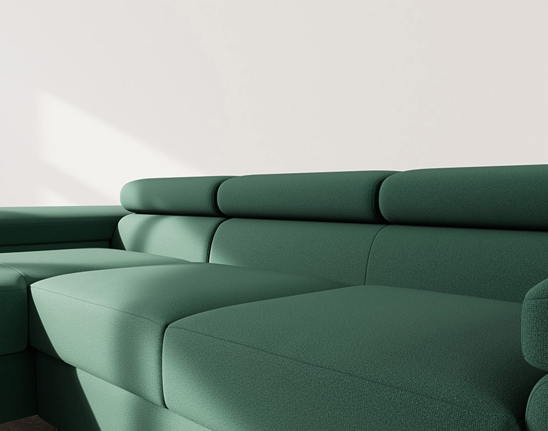 Canapé d'angle gauche 6 places convertible avec coffre et têtières réglables en velours Pablo