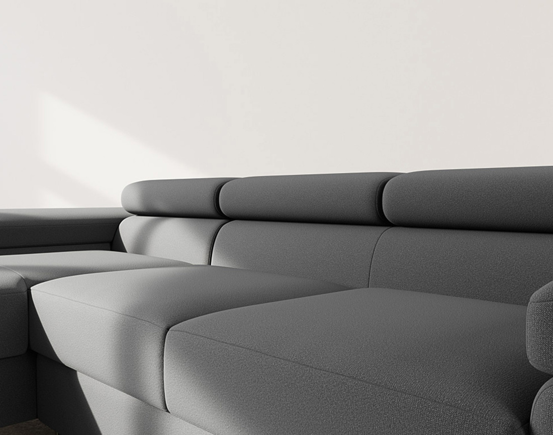 Canapé d'angle gauche 6 places convertible avec coffre et têtières réglables en velours Pablo