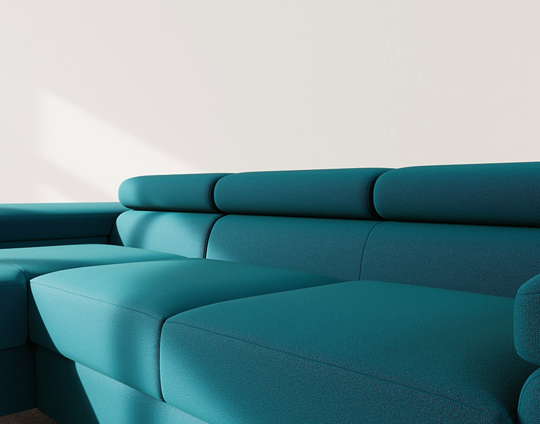 Canapé d'angle gauche 6 places convertible avec coffre et têtières réglables en velours Pablo