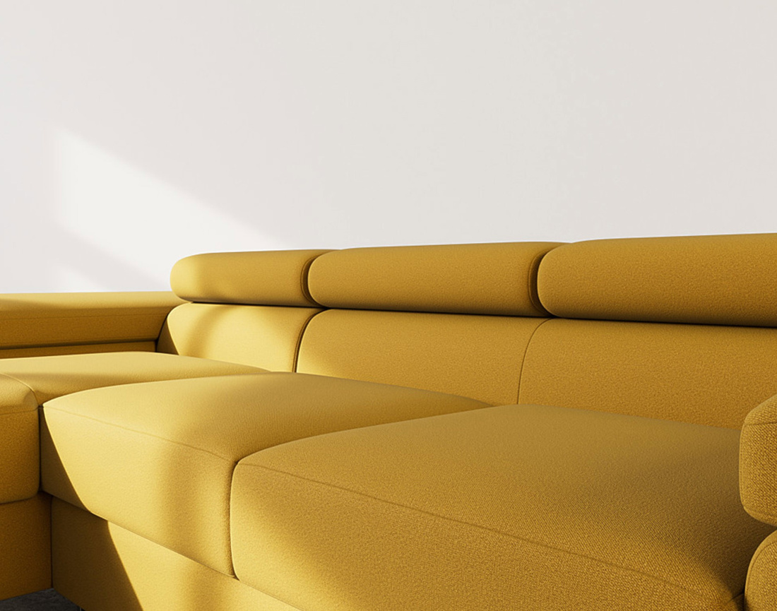 Canapé d'angle gauche 6 places convertible avec coffre et têtières réglables en velours Pablo