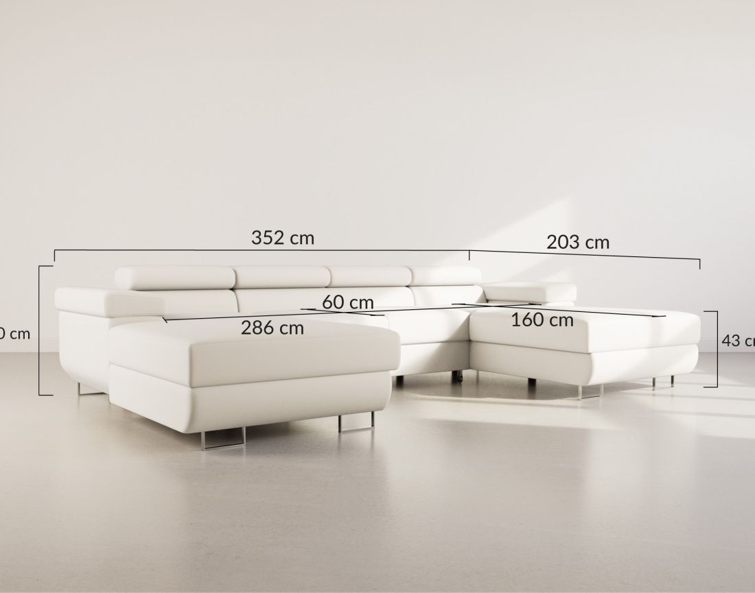 Canapé panoramique en U 7 places convertible avec coffres et têtières réglables en velours Pablo