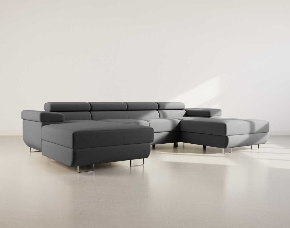 Canapé panoramique en U 7 places convertible avec coffres et têtières réglables en velours Pablo