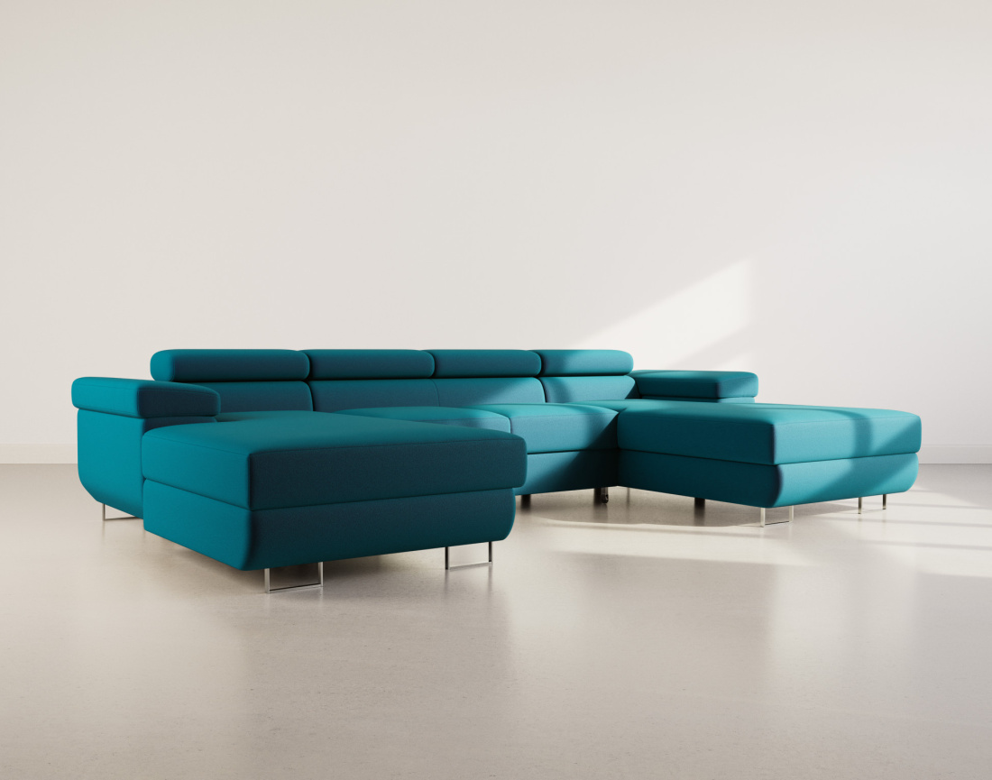 Canapé panoramique en U 7 places convertible avec coffres et têtières réglables en velours Pablo