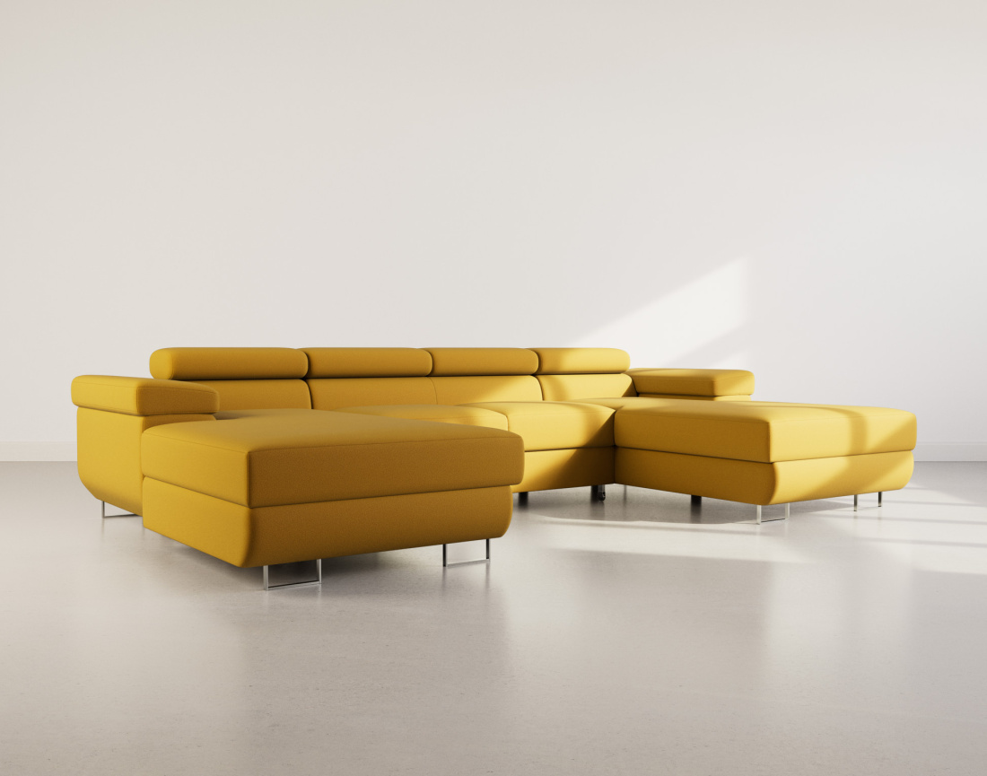 Canapé panoramique en U 7 places convertible avec coffres et têtières réglables en velours Pablo