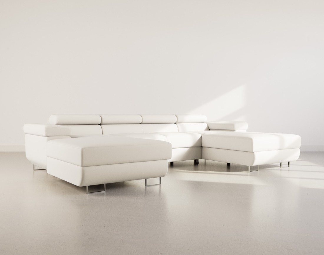 Canapé panoramique en U 7 places convertible avec coffres et têtières réglables en velours Pablo