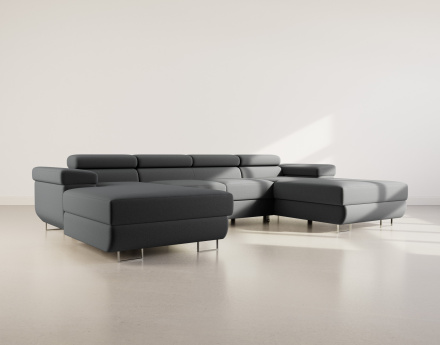 Canapé panoramique en U 7 places convertible avec coffres et têtières réglables en velours Pablo