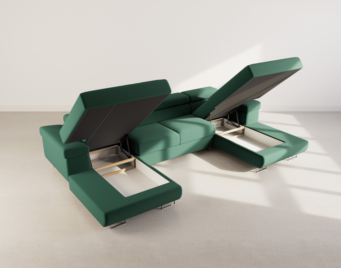 Canapé panoramique en U 7 places convertible avec coffres et têtières réglables en velours Pablo