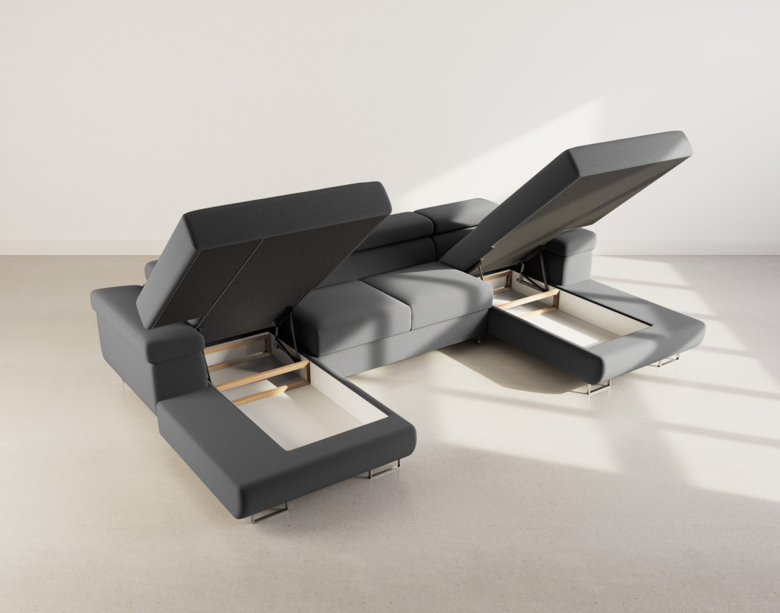 Canapé panoramique en U 7 places convertible avec coffres et têtières réglables en velours Pablo