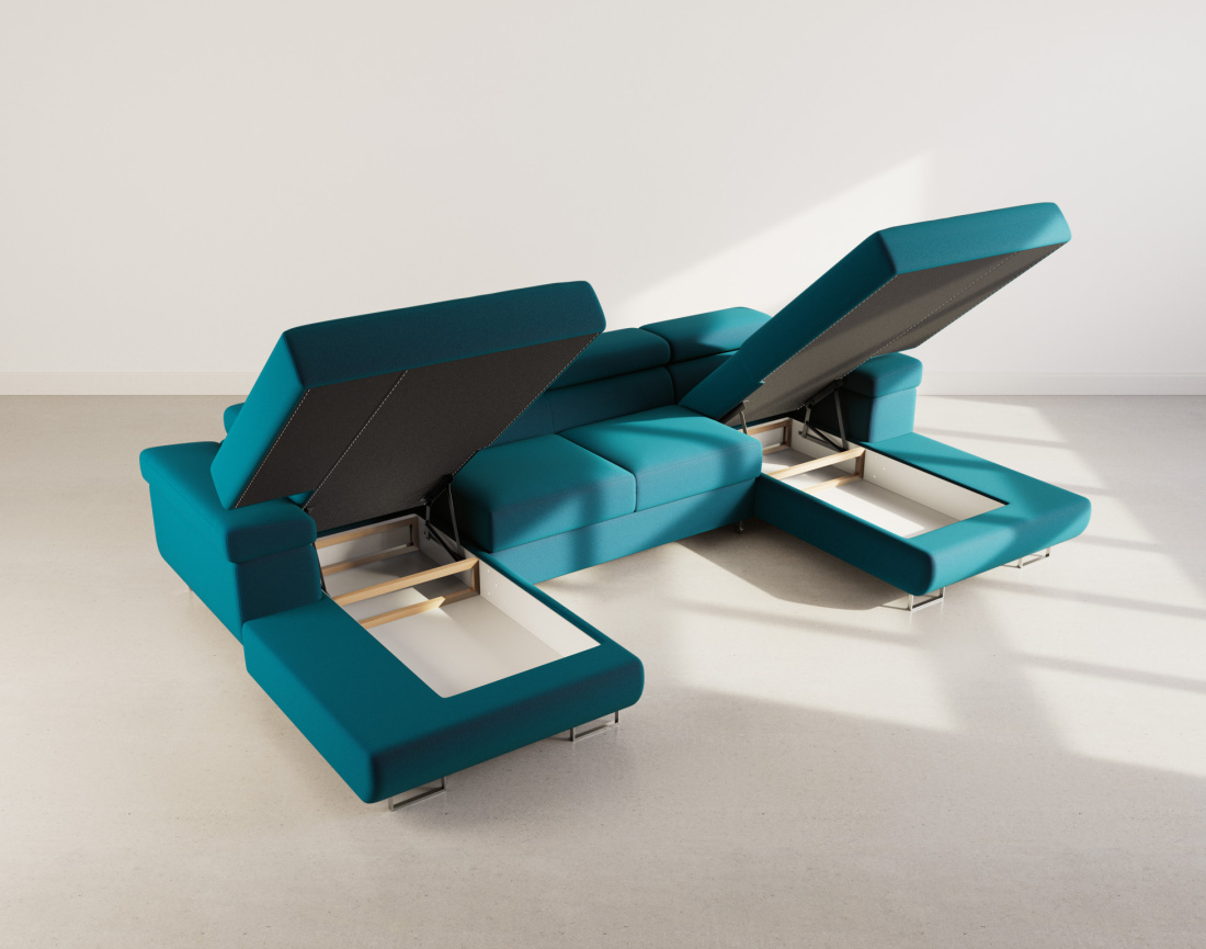 Canapé panoramique en U 7 places convertible avec coffres et têtières réglables en velours Pablo