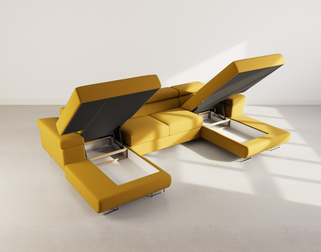 Canapé panoramique en U 7 places convertible avec coffres et têtières réglables en velours Pablo