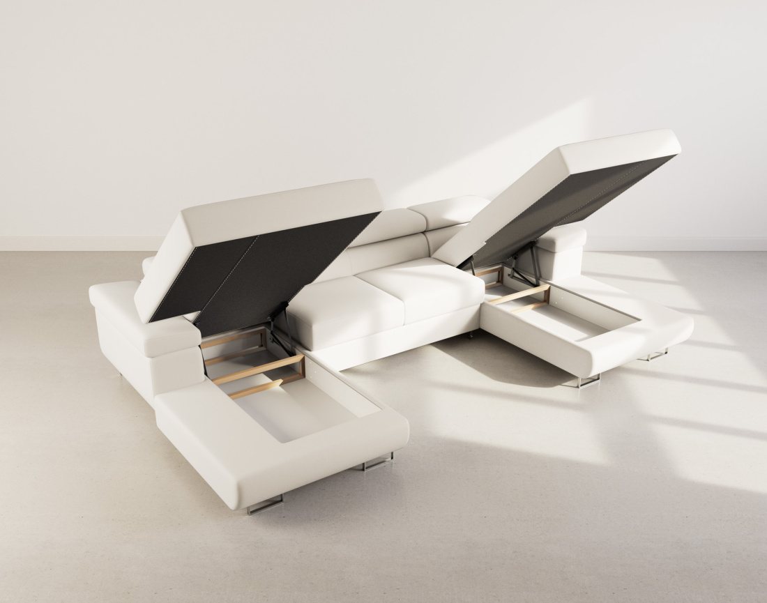 Canapé panoramique en U 7 places convertible avec coffres et têtières réglables en velours Pablo