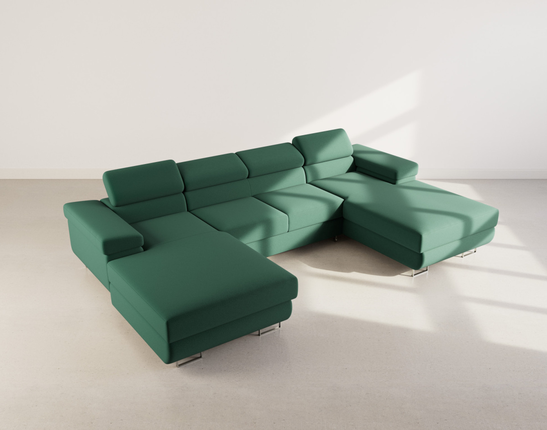 Canapé panoramique en U 7 places convertible avec coffres et têtières réglables en velours Pablo