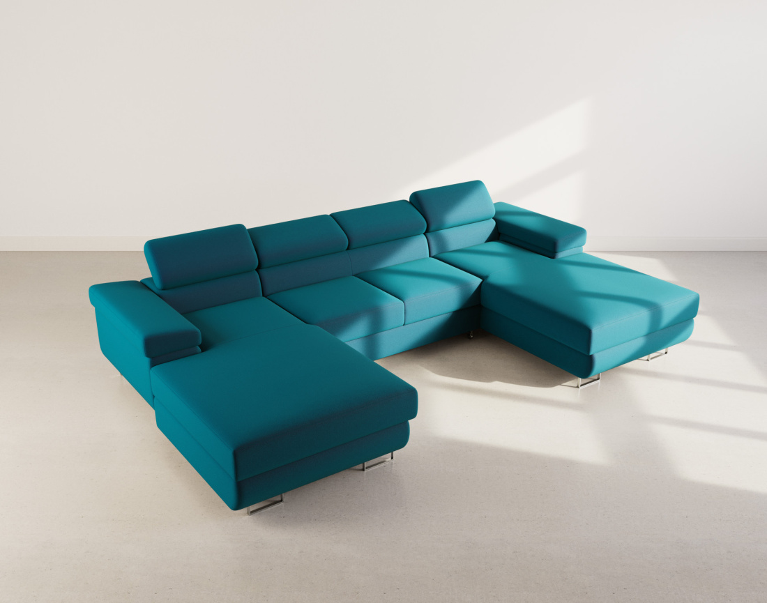 Canapé panoramique en U 7 places convertible avec coffres et têtières réglables en velours Pablo