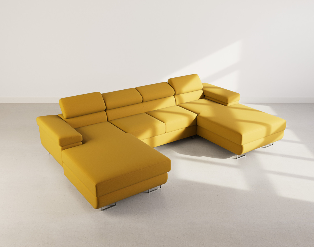 Canapé panoramique en U 7 places convertible avec coffres et têtières réglables en velours Pablo