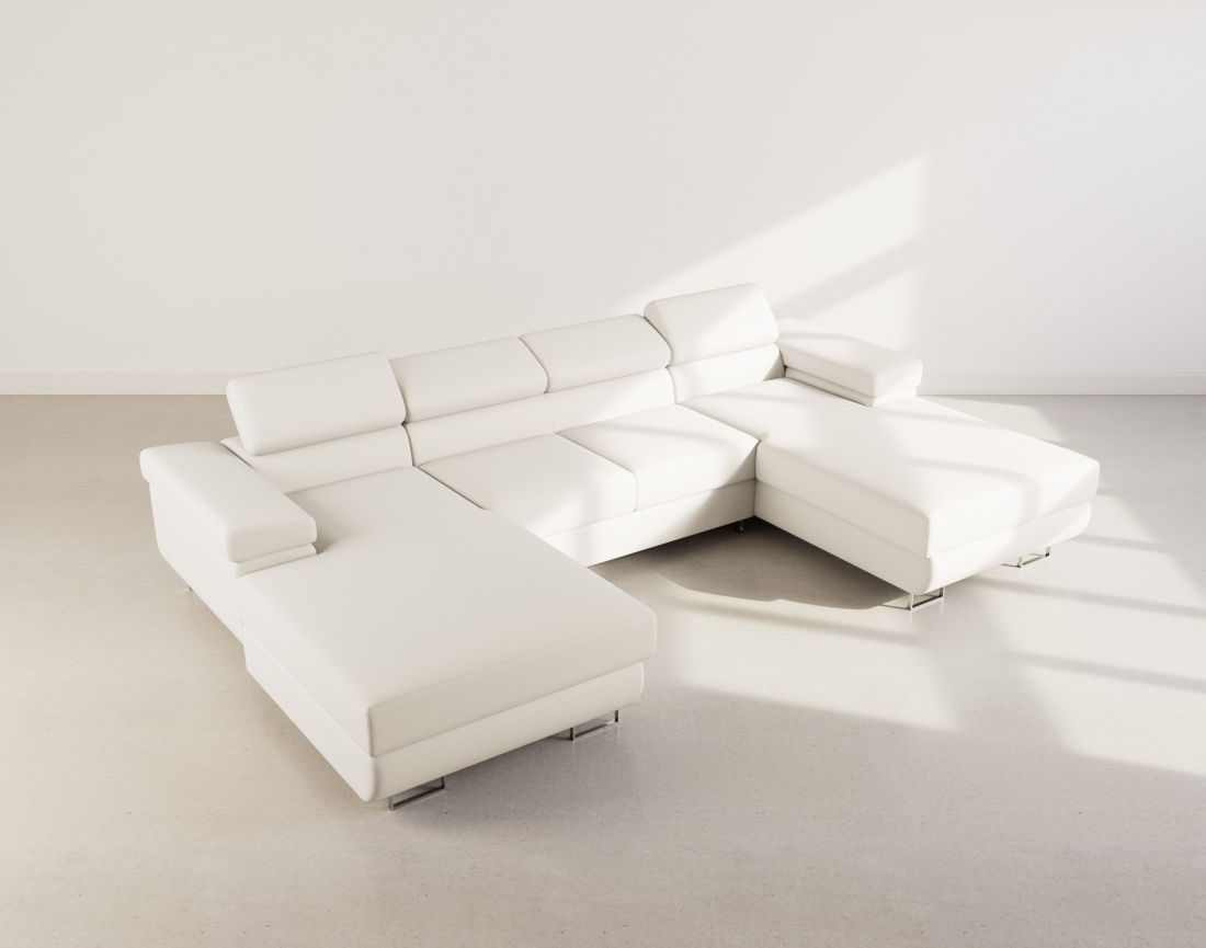 Canapé panoramique en U 7 places convertible avec coffres et têtières réglables en velours Pablo