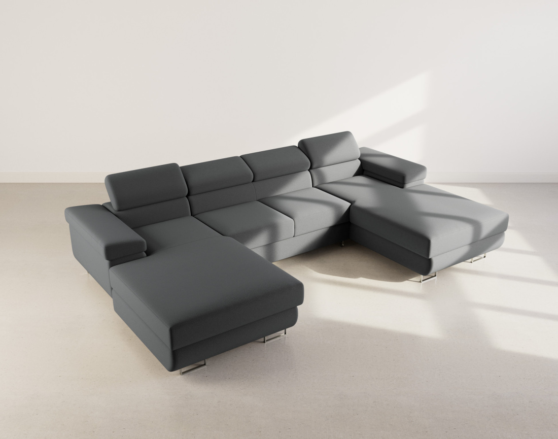 Canapé panoramique en U 7 places convertible avec coffres et têtières réglables en velours Pablo