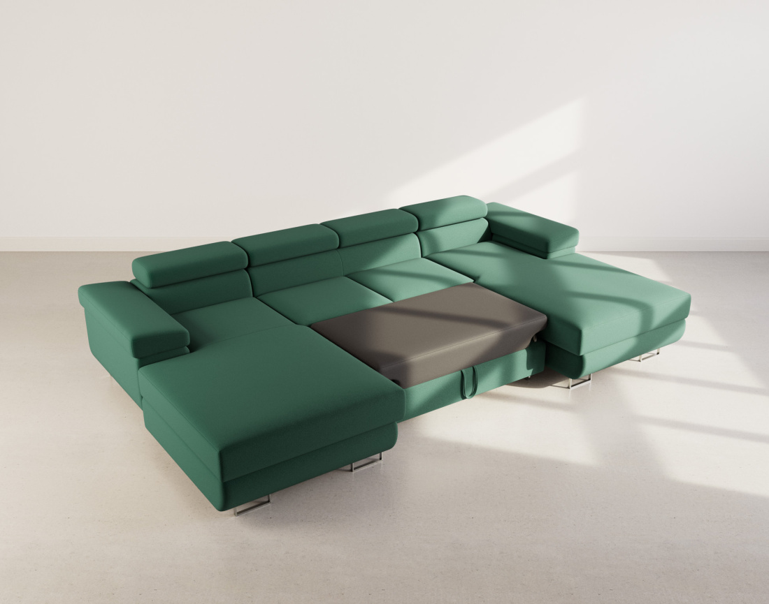 Canapé panoramique en U 7 places convertible avec coffres et têtières réglables en velours Pablo