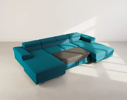 Canapé panoramique en U 7 places convertible avec coffres et têtières réglables en velours Pablo