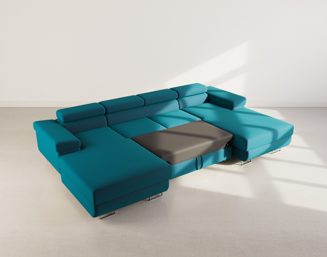 Canapé panoramique en U 7 places convertible avec coffres et têtières réglables en velours Pablo