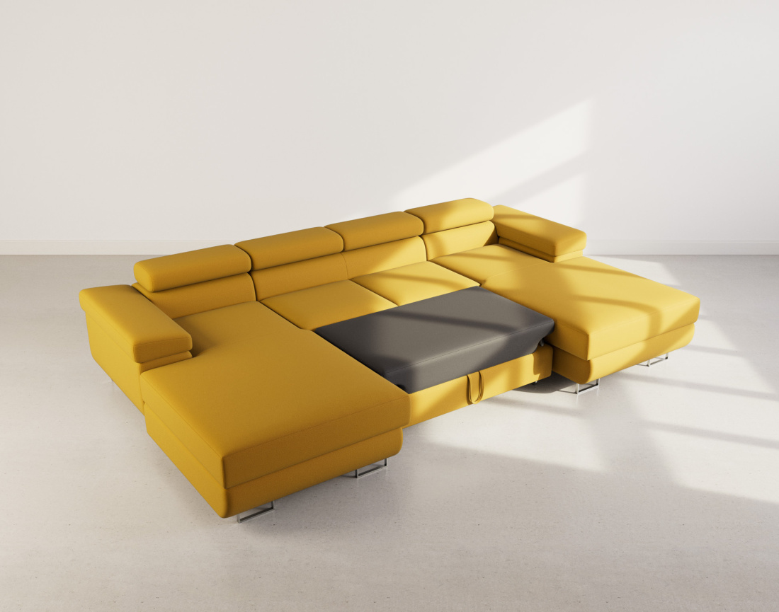 Canapé panoramique en U 7 places convertible avec coffres et têtières réglables en velours Pablo