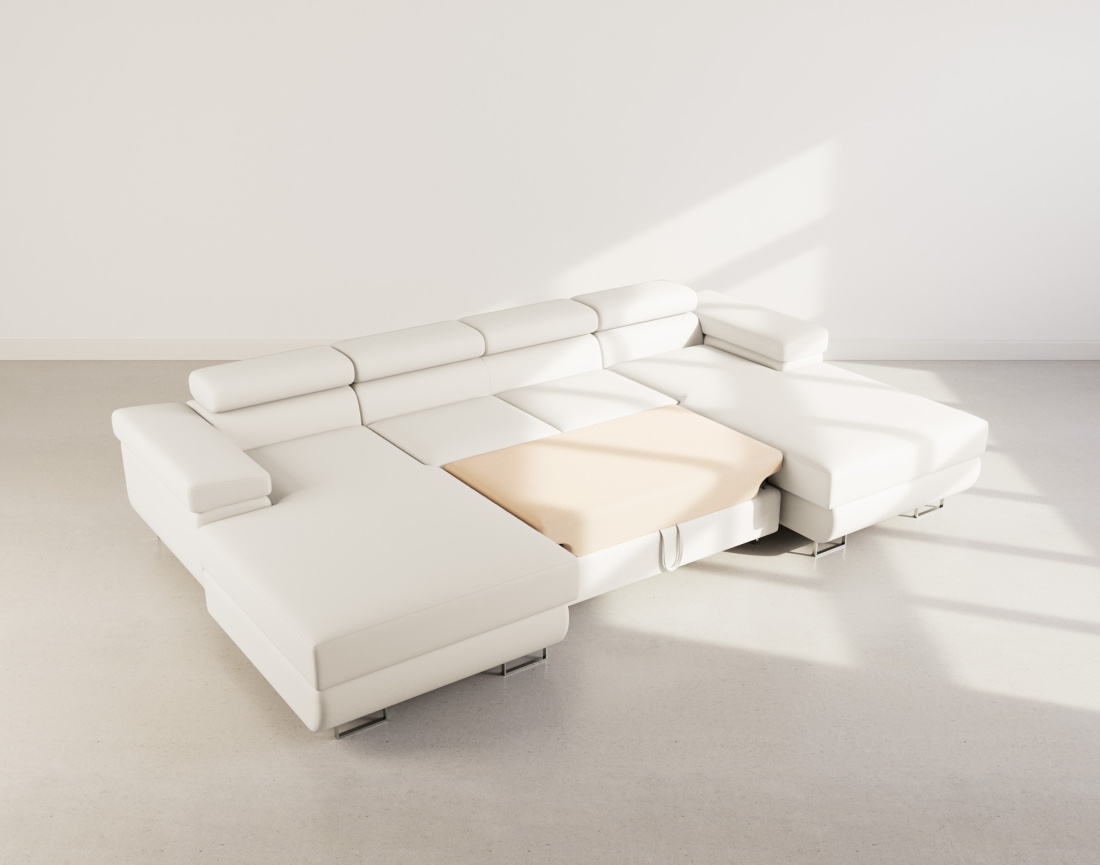 Canapé panoramique en U 7 places convertible avec coffres et têtières réglables en velours Pablo