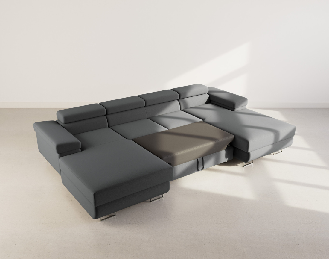 Canapé panoramique en U 7 places convertible avec coffres et têtières réglables en velours Pablo