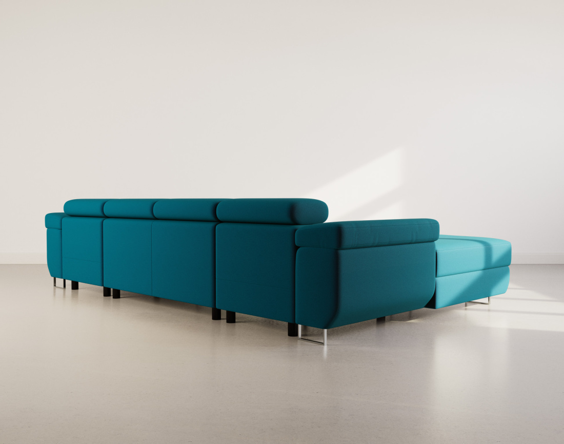 Canapé panoramique en U 7 places convertible avec coffres et têtières réglables en velours Pablo