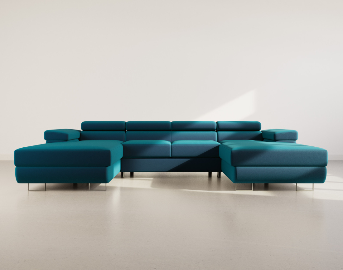 Canapé panoramique en U 7 places convertible avec coffres et têtières réglables en velours Pablo