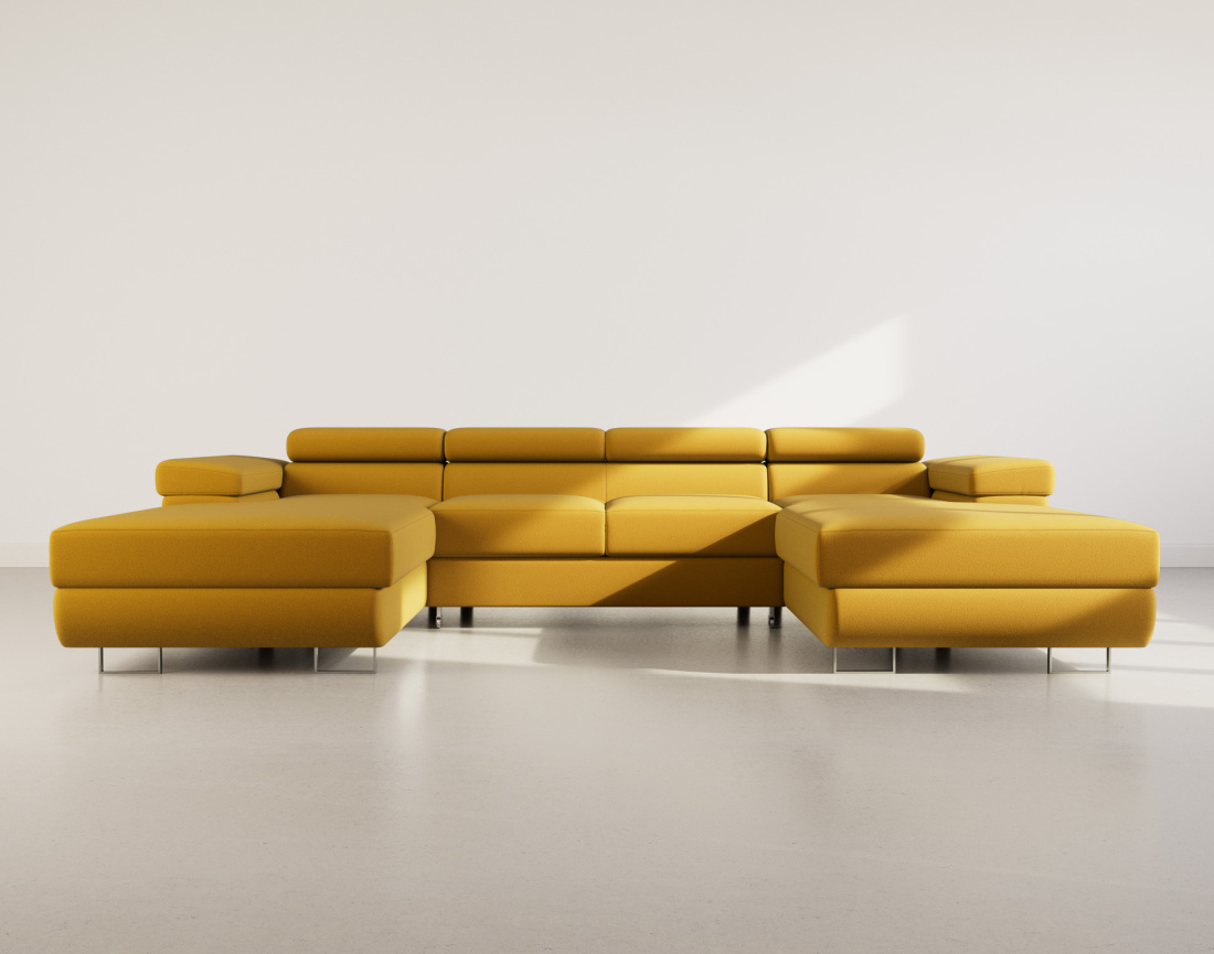 Canapé panoramique en U 7 places convertible avec coffres et têtières réglables en velours Pablo