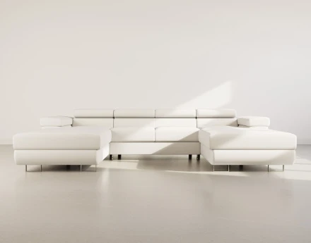 Canapé panoramique en U 7 places convertible avec coffres et têtières réglables en velours Pablo