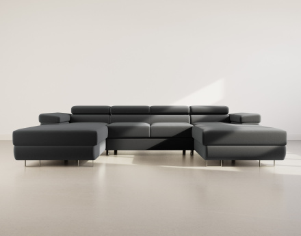 Canapé panoramique en U 7 places convertible avec coffres et têtières réglables en velours Pablo