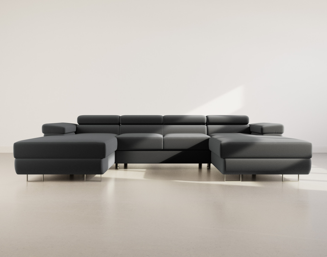 Canapé panoramique en U 7 places convertible avec coffres et têtières réglables en velours Pablo