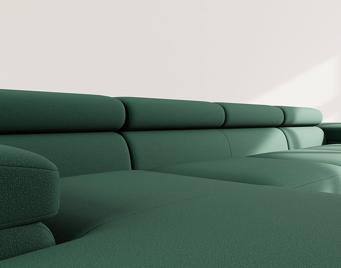 Canapé panoramique en U 7 places convertible avec coffres et têtières réglables en velours Pablo