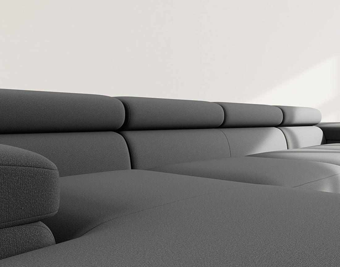 Canapé panoramique en U 7 places convertible avec coffres et têtières réglables en velours Pablo