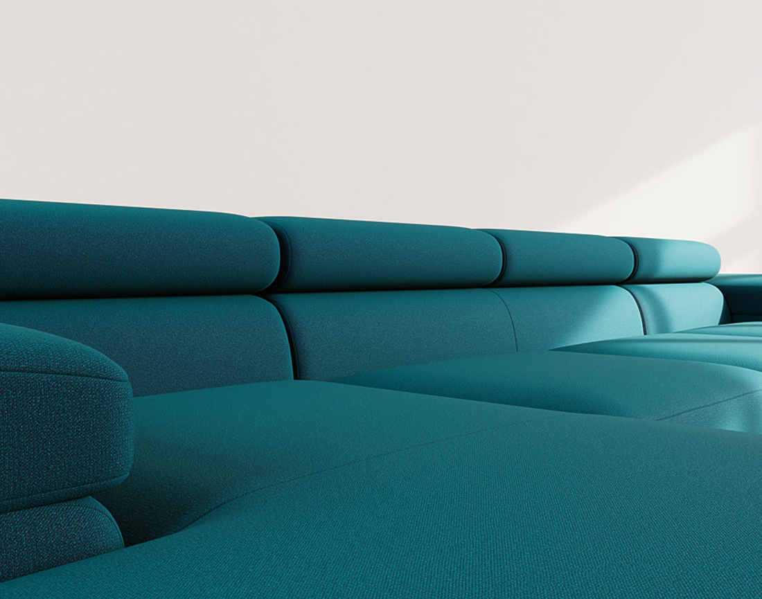 Canapé panoramique en U 7 places convertible avec coffres et têtières réglables en velours Pablo