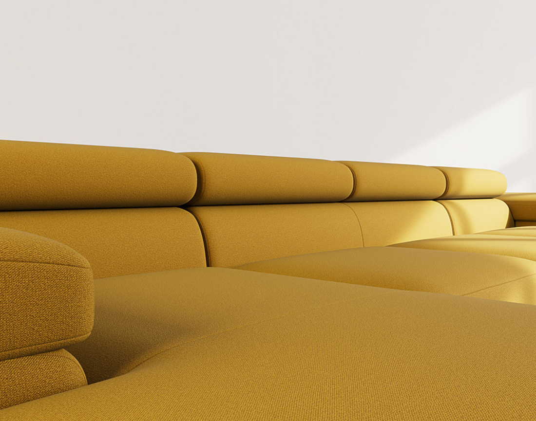 Canapé panoramique en U 7 places convertible avec coffres et têtières réglables en velours Pablo