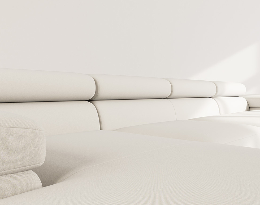 Canapé panoramique en U 7 places convertible avec coffres et têtières réglables en velours Pablo