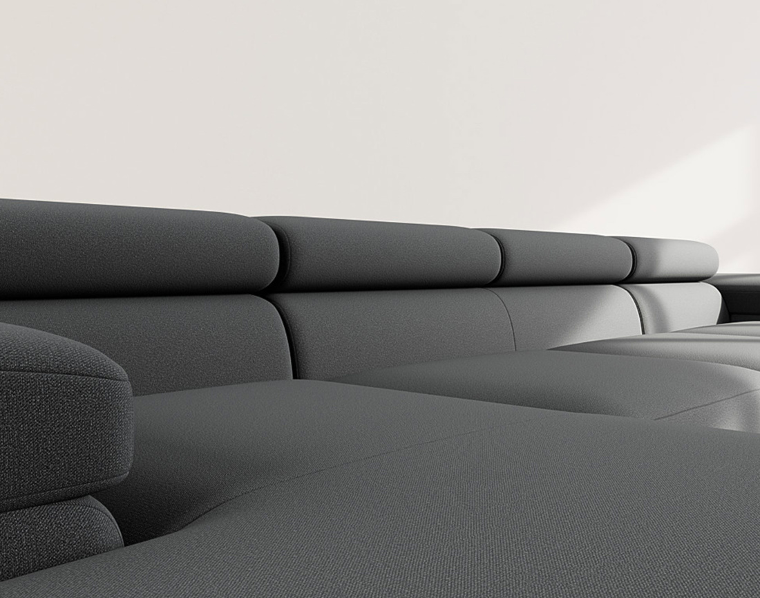 Canapé panoramique en U 7 places convertible avec coffres et têtières réglables en velours Pablo