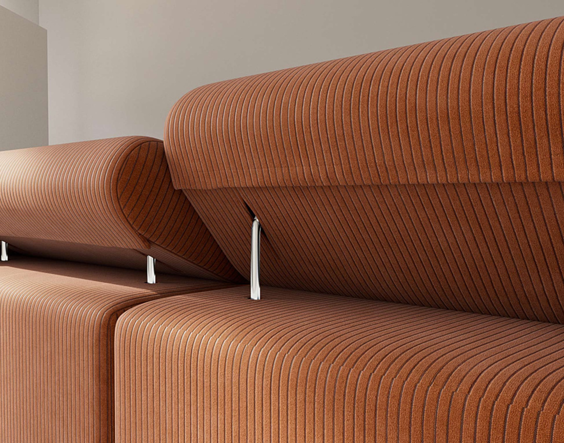 Canapé d'angle gauche 6 places convertible avec coffre et têtières réglables en velours côtelé Pablo