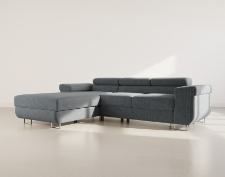 Canapé d'angle gauche 6 places convertible avec coffre et têtières réglables en velours côtelé Pablo