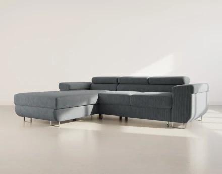 Canapé d'angle gauche 6 places convertible avec coffre et têtières réglables en velours côtelé Pablo