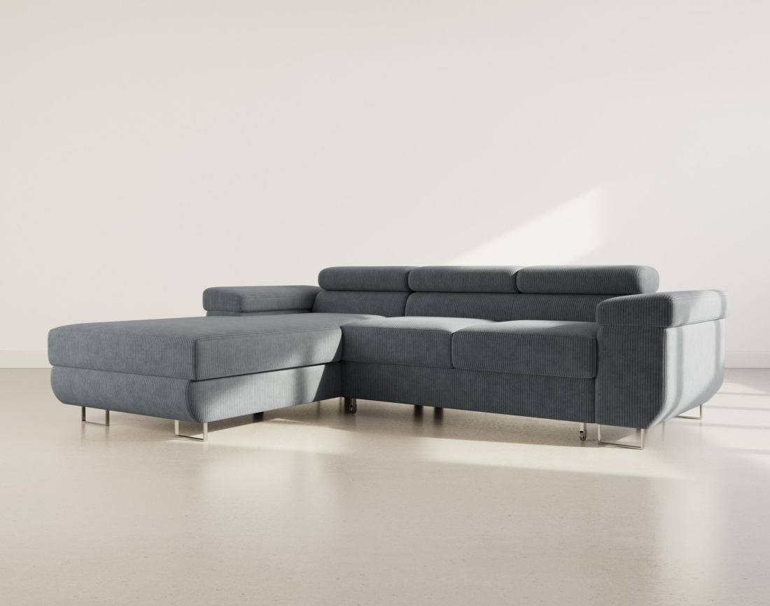 Canapé d'angle gauche 6 places convertible avec coffre et têtières réglables en velours côtelé Pablo