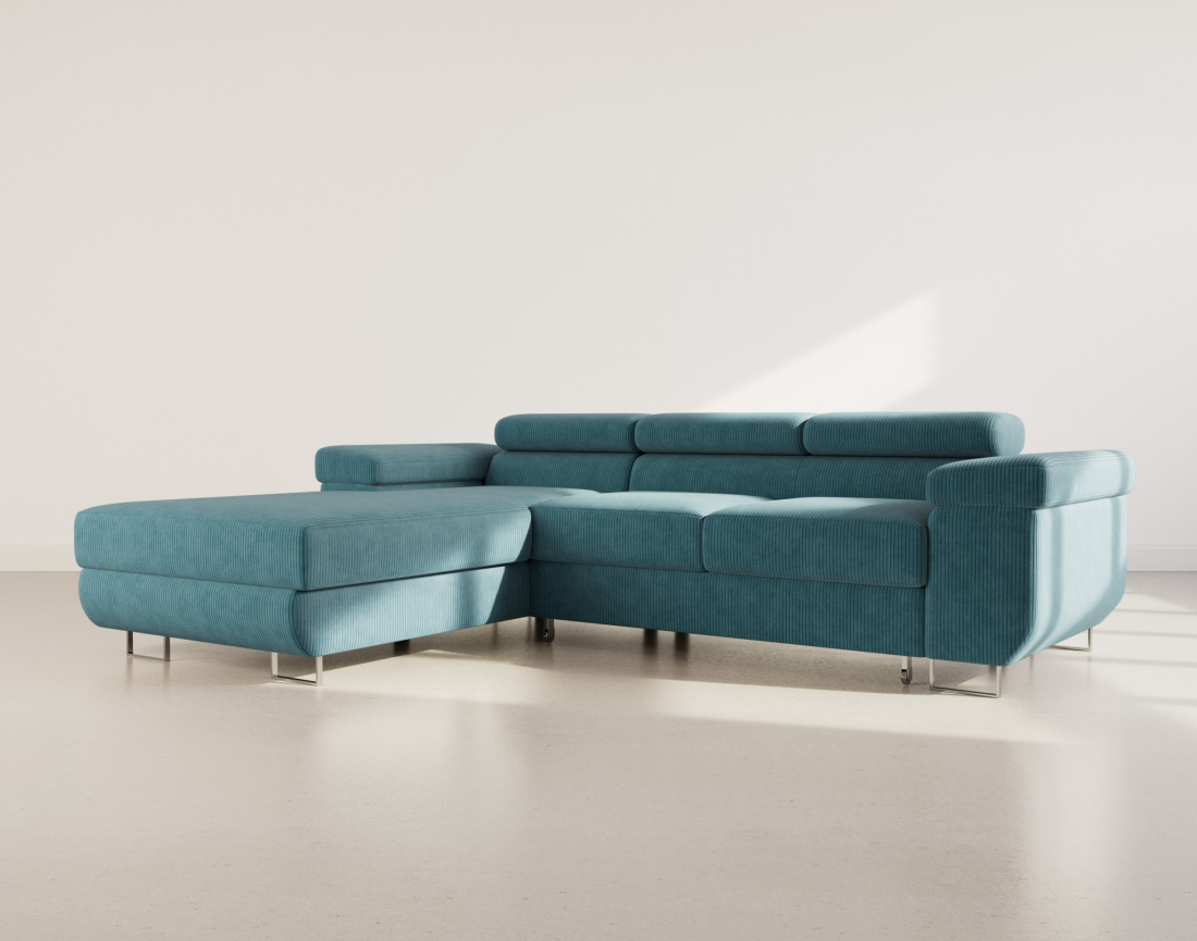 Canapé d'angle gauche 6 places convertible avec coffre et têtières réglables en velours côtelé Pablo