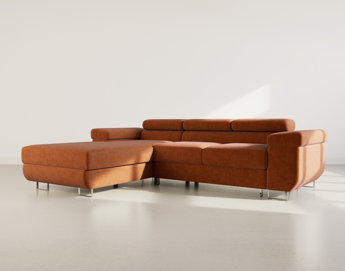 Canapé d'angle gauche 6 places convertible avec coffre et têtières réglables en velours côtelé Pablo