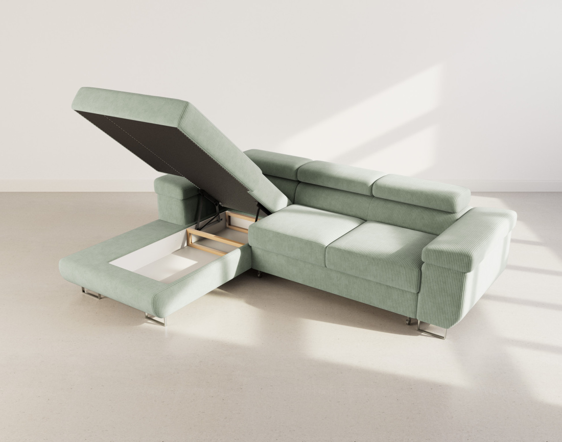 Canapé d'angle gauche 6 places convertible avec coffre et têtières réglables en velours côtelé Pablo