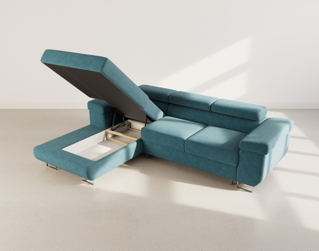 Canapé d'angle gauche 6 places convertible avec coffre et têtières réglables en velours côtelé Pablo