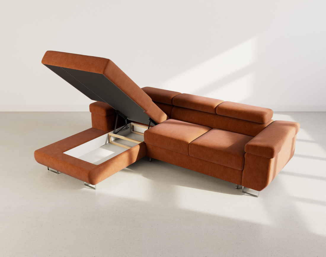 Canapé d'angle gauche 6 places convertible avec coffre et têtières réglables en velours côtelé Pablo