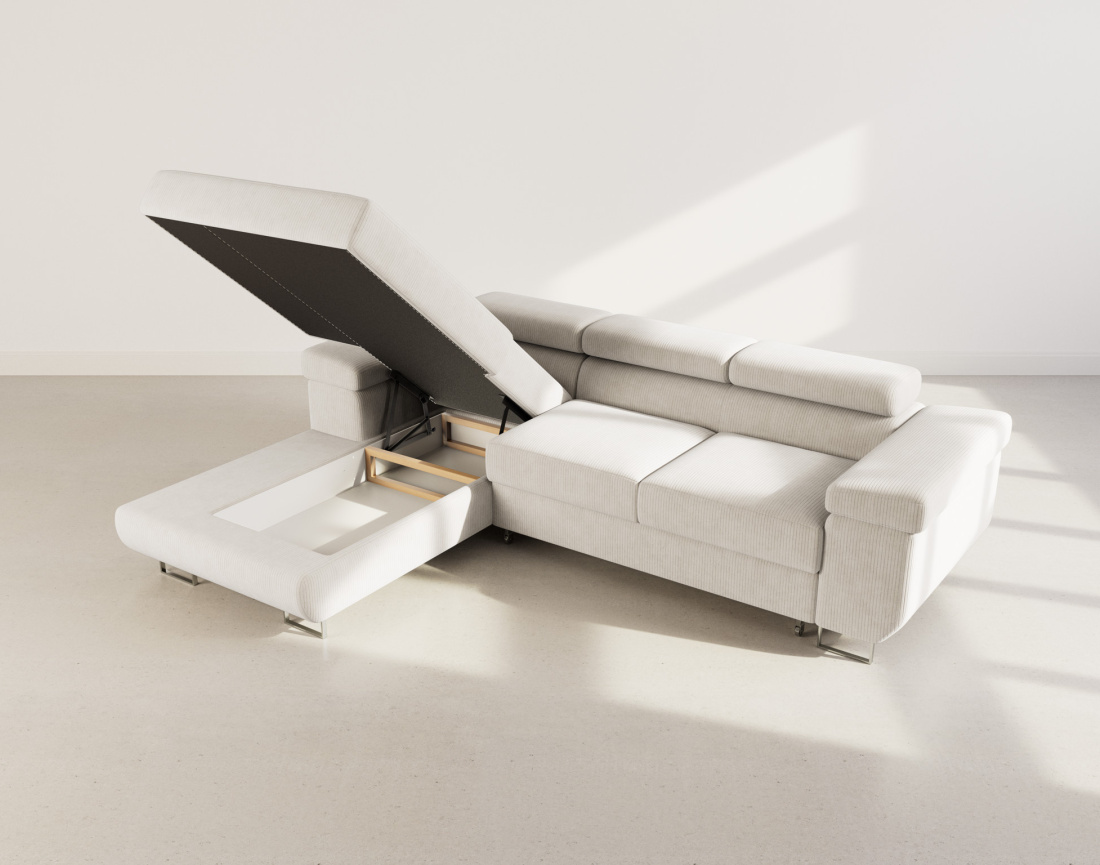 Canapé d'angle gauche 6 places convertible avec coffre et têtières réglables en velours côtelé Pablo