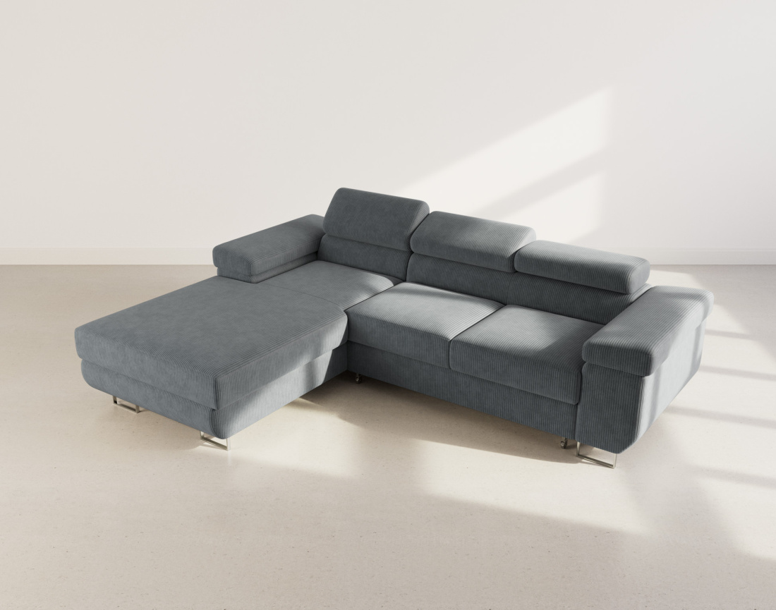 Canapé d'angle gauche 6 places convertible avec coffre et têtières réglables en velours côtelé Pablo