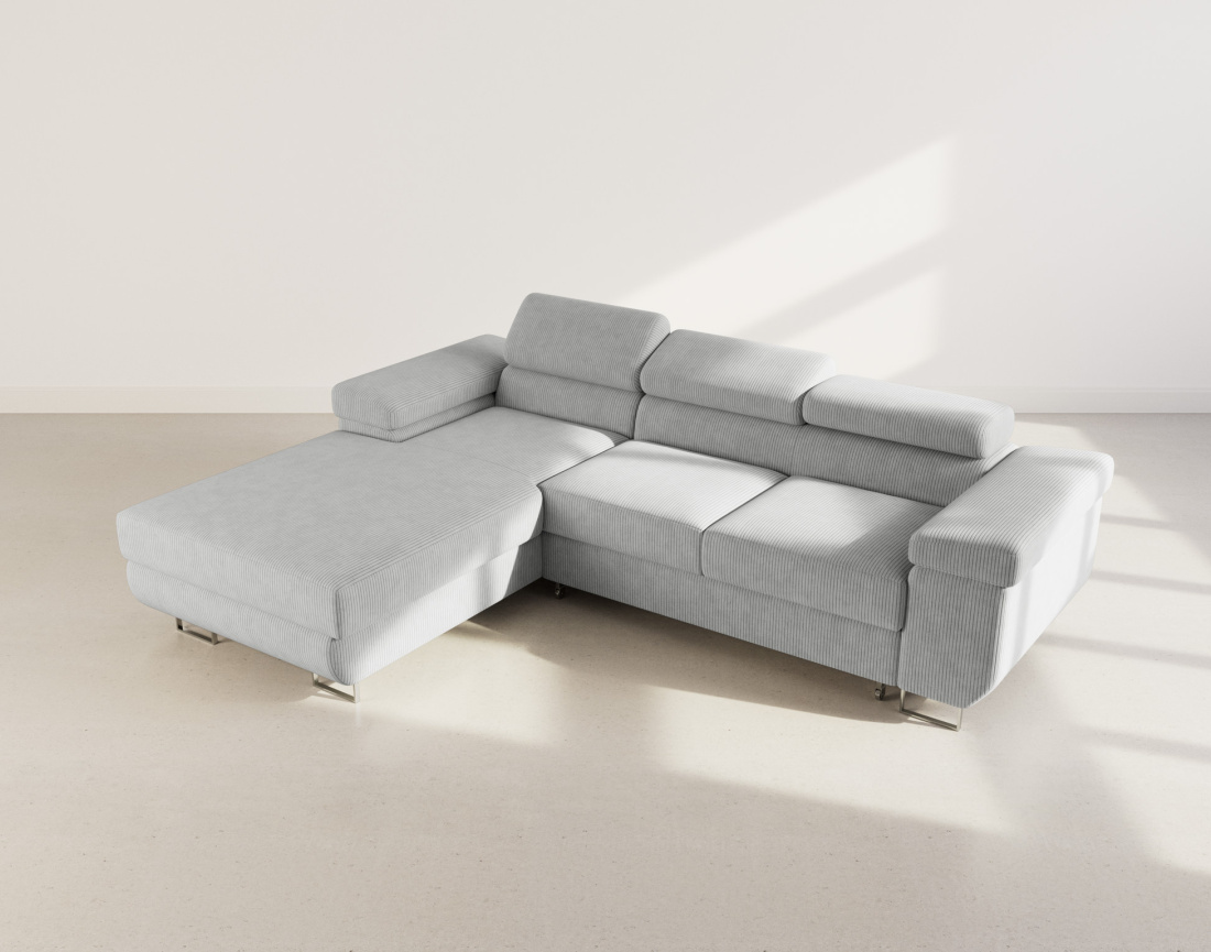 Canapé d'angle gauche 6 places convertible avec coffre et têtières réglables en velours côtelé Pablo